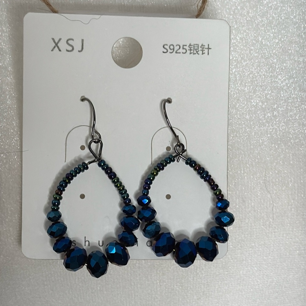 NWT Blue Iridescent Beaded Earrings